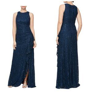 Alex Evenings Ruffle Sequins Lace Formal Gown Sz 6 in Navy